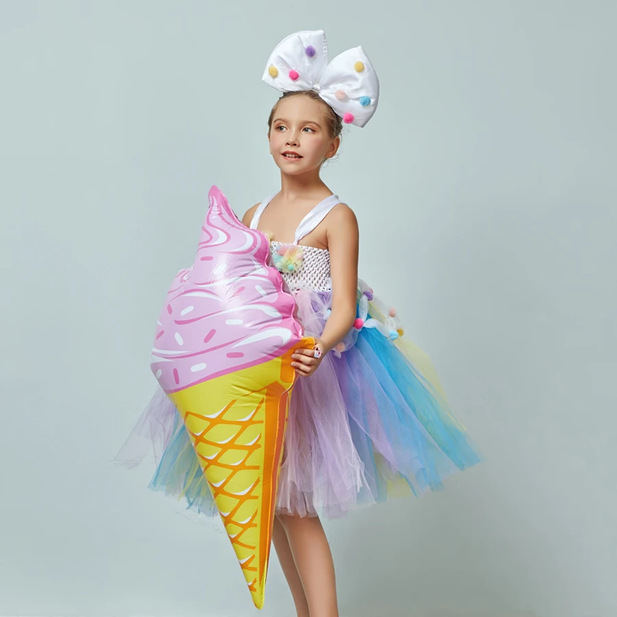 Ice Cream Applique Girls Tutu Dress with Bow Pom-pom Design Kids Sweet Birthday Party Holiday Tulle Dress Children Food Costume (8)