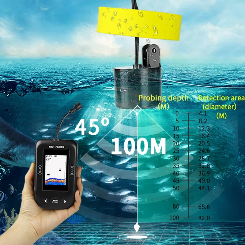 Модернизированный Xf02-C, портативный рыболокатор, кабель 9 м, эхолот, сигнализация, 0,6-100 м, глубинный эхолот, датчик, гидролокатор, красочный, Scre