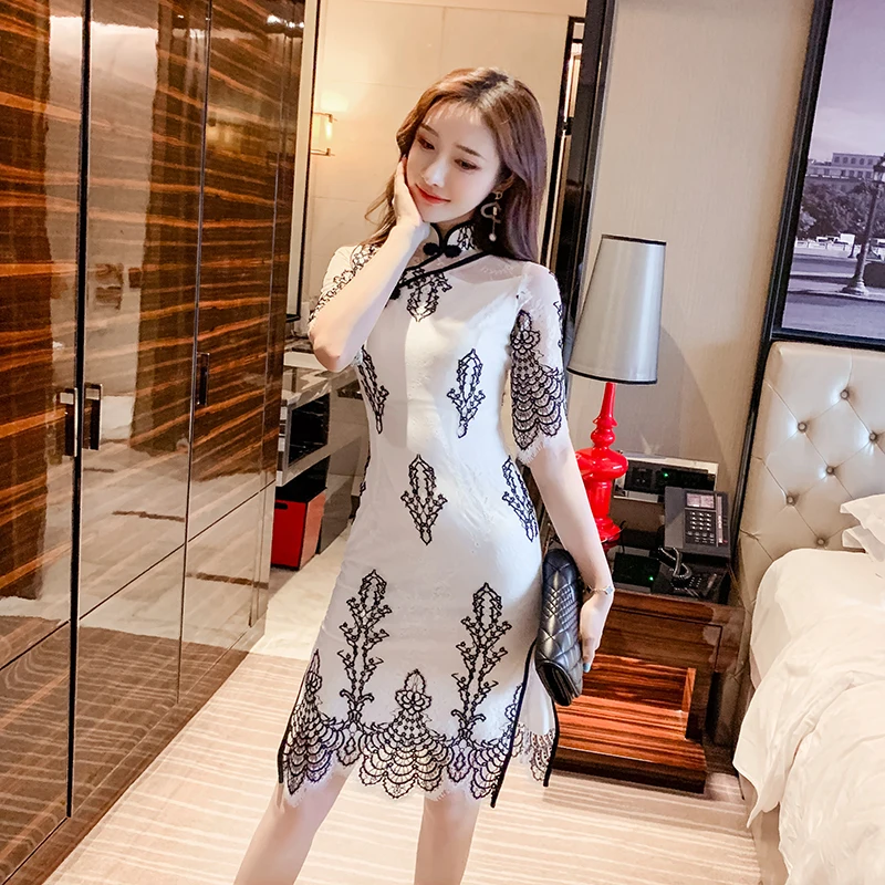 Китайское платье, современное китайское традиционное платье, улучшенное qipao сексуальное cheongsam кружевное платье с вышивкой, Восточное вечернее платье - Цвет: color1