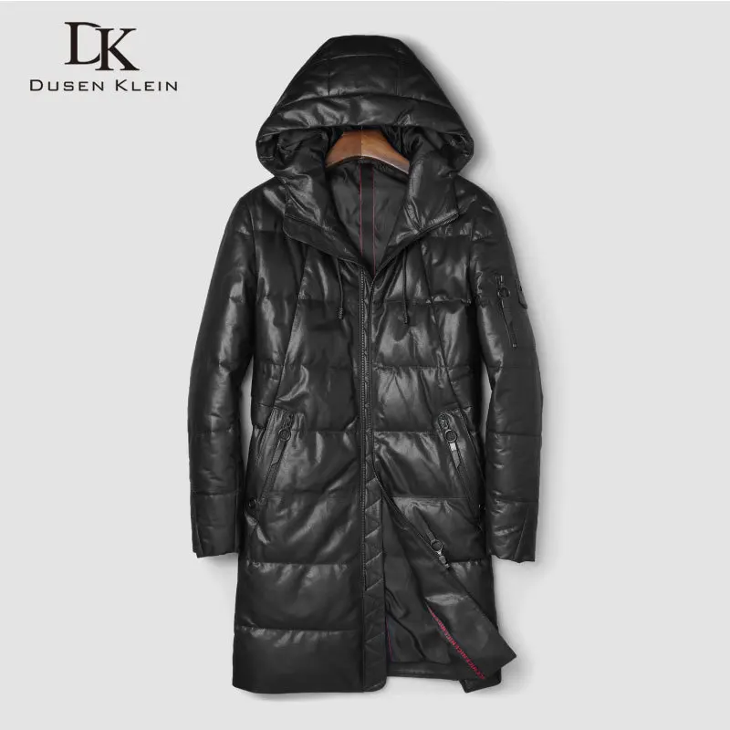 

Men's Genuine Leather Down Jackets and Coats Warm Sheepskin hooded Outerwear Long New Designer Brand Thick Jacket J18508