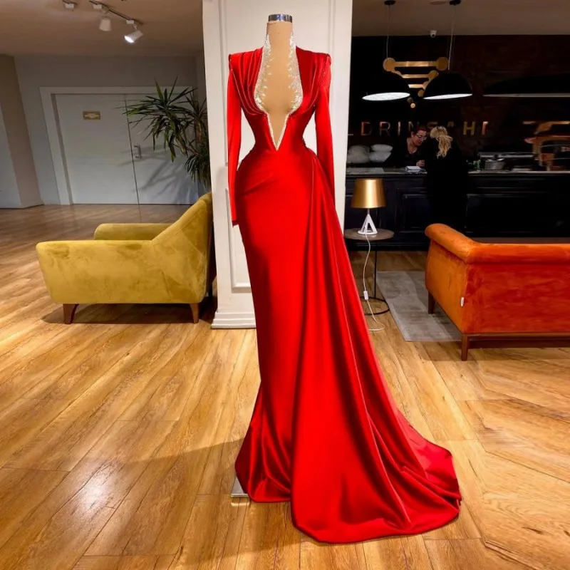 

Красное Атласное Вечернее платье с длинным рукавом, Прозрачное платье с воротником-стойкой, платье для выпускного вечера со шлейфом и застежкой-молнией сзади, вечернее платье, индивидуальный пошив