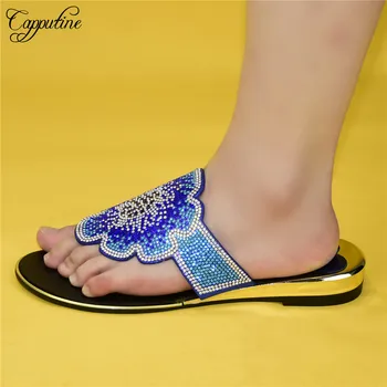 

Beautiful design blue African slipper leisure shoes with rhinestones for lady 88-22,Heel Height 2.5CM