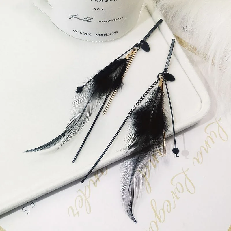 USTAR, длинные Винтажные серьги-капли с черными перьями и кисточками для женщин, женские этнические висячие серьги, вечерние ювелирные изделия, подарки