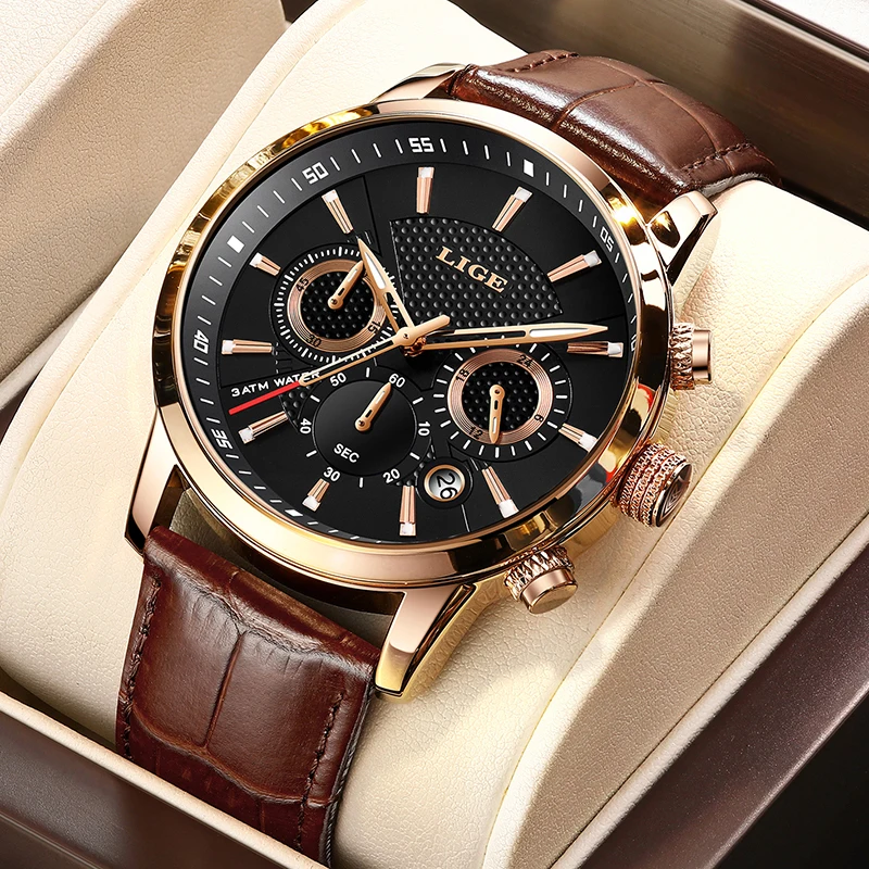 LIGE-reloj analógico de cuero para hombre, nuevo accesorio de pulsera de cuarzo resistente al agua con cronógrafo, complemento Masculino deportivo de marca de lujo con diseño moderno, 2021