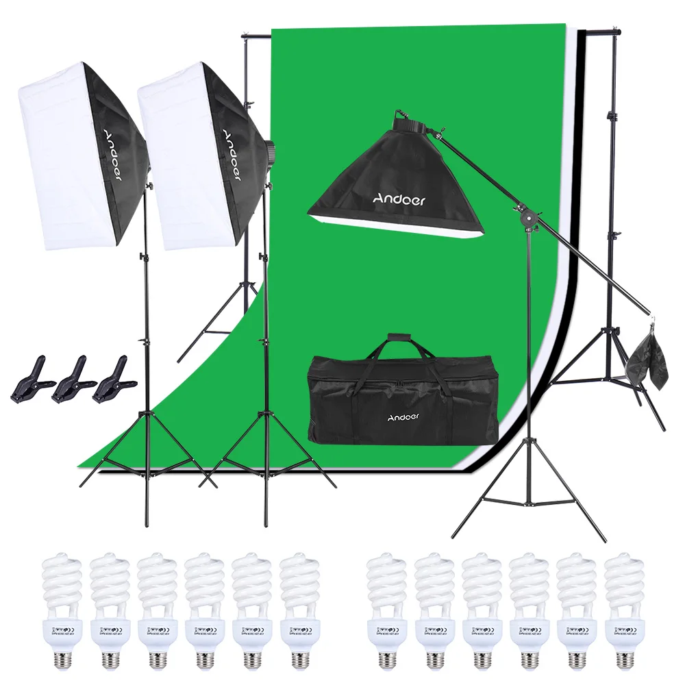 Andoer профессиональный набор софтбоксов для фотостудии+ 2 шт 45 Вт лампочка+ 3 шт лампочка+ 3 шт светильник+ консольная палка+ Фон+ подставка