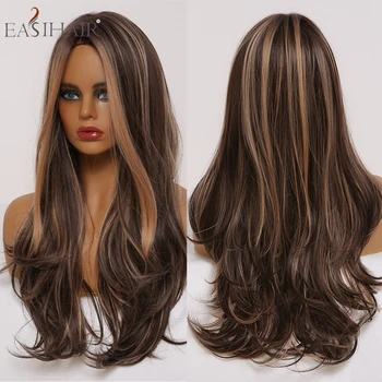 

DropShipping EASIHAIR Long Middle Part Wavy Wigs Ombre Brown Synthetic Wigs for Women Heat Resistant Cosplay Wig Natural Hair