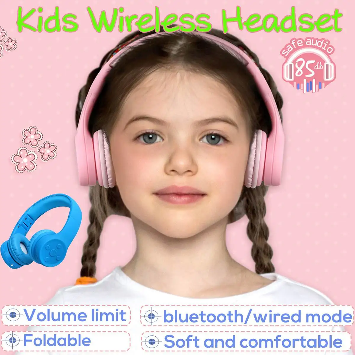 Wireless bluetooth Kids Headphone 85dB Foldable Portable Children Child Safe Over Ear Adjustable Headset Girls Boys Gift