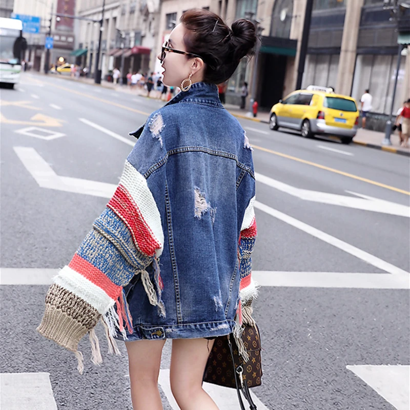 Autumn New Harajuku Denim Lapel Jacket Women Long Sleeve Knitting Stitching Tassel Black Denim Jackets Female Casual Streetwear