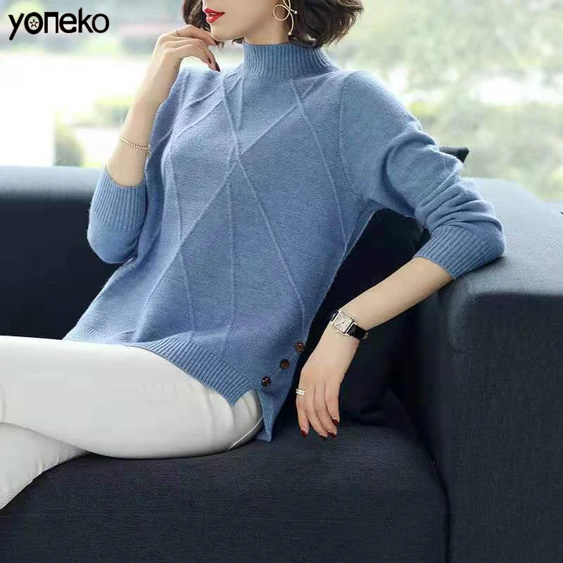 

2020 Spring Autumn New Half-Neck Sweater Women'S Split Short Loose Blue Wild Bottoming Sweater Turtleneck Sweater Office Lady