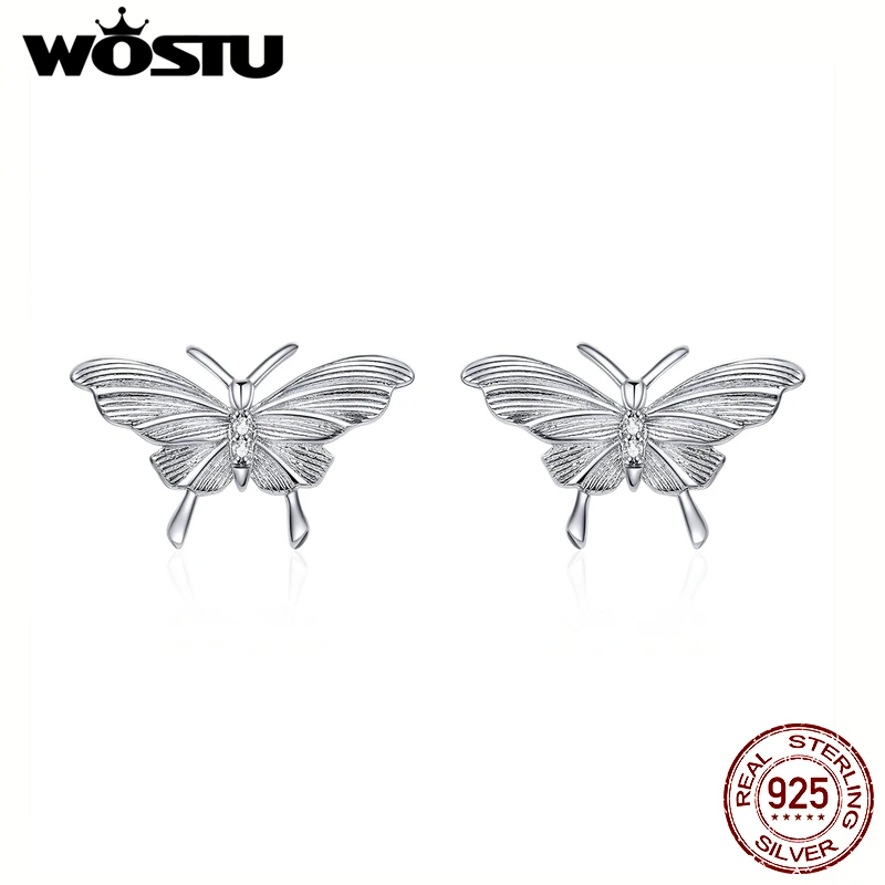 WOSTU подлинные 925 пробы серебряные Ретро рельефные серьги-гвоздики с бабочкой для