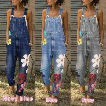 

2019 European and American Street Style Jeans Autumn Denim Strap Jumpsuits Cowboys Pants Printwash Denim Strap Pants
