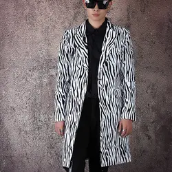 Мужской уличная хип-хоп сценический костюм, пальто, верхняя одежда для мужчин с рисунком зебры, тонкие пуговицы, длинный костюм Куртка
