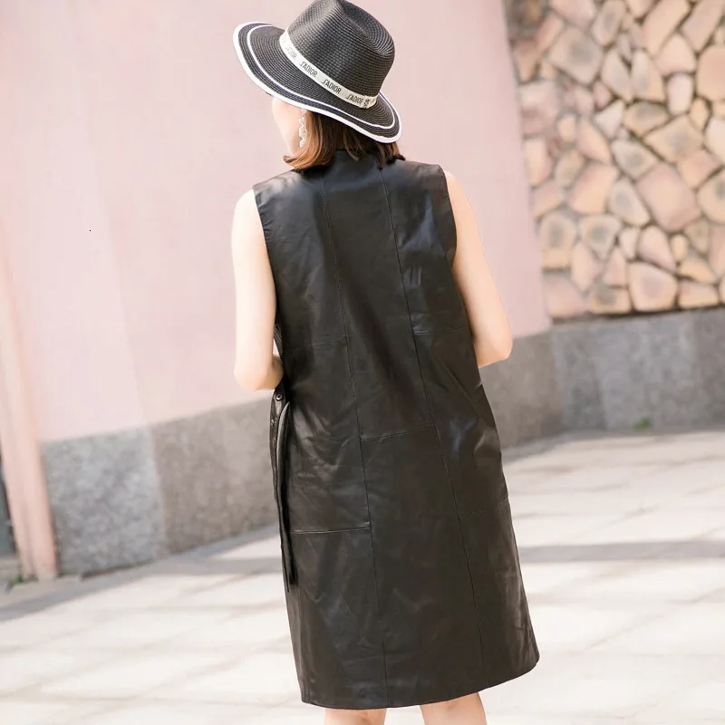 

Designer Women Deep V Neck Sleeveless Knee Length Vestidos Verano 2020 Belted Loose Fit Office Ladies Genuine Leather Tank Dress