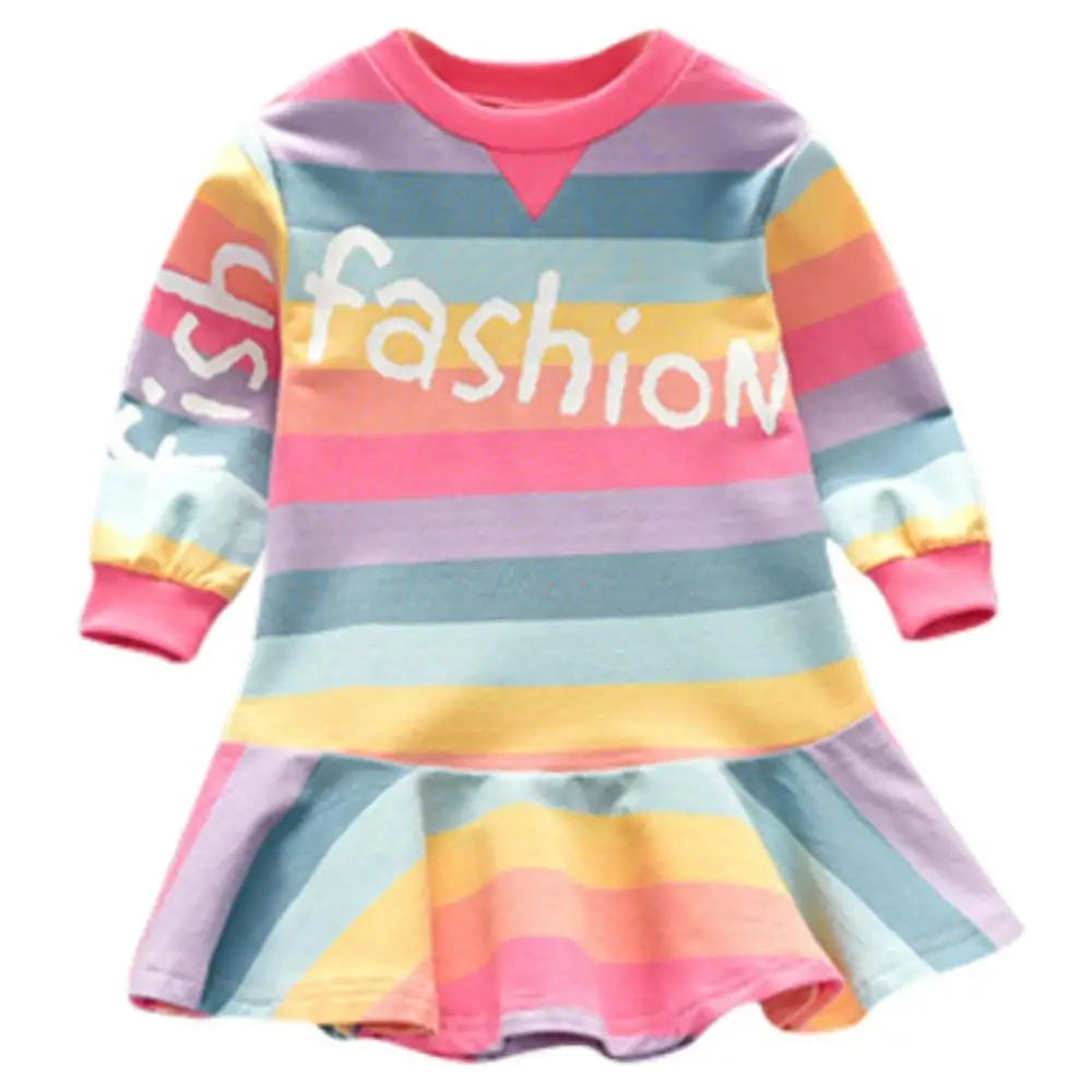 Повседневное осеннее платье; Детские платья принцессы в полоску с длинными рукавами и буквенным принтом для маленьких девочек