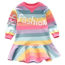 Повседневное осеннее платье; Детские платья принцессы в полоску с длинными рукавами и буквенным принтом для маленьких девочек
