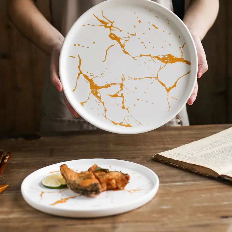 

NIMITIME Nordic Style Simple Golden Plate Marbled Ceramic Steak Dish Western Flat Plate Household Dinner Plate Tableware