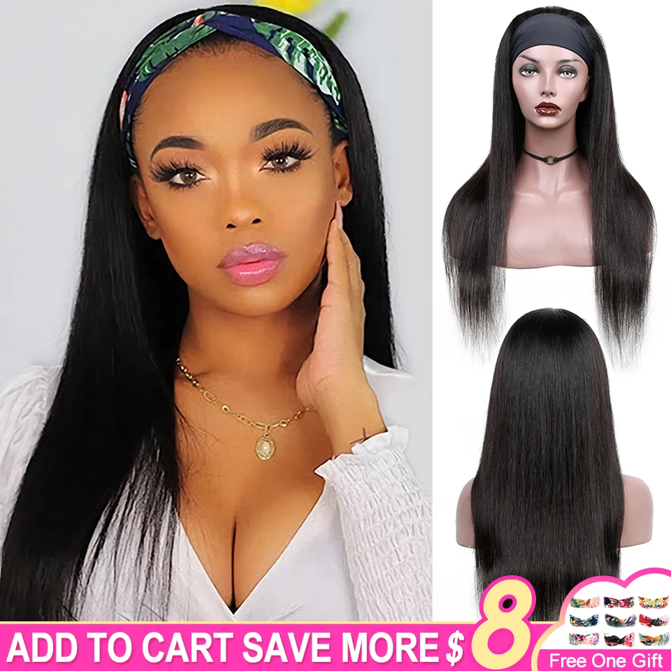 Headband Wig Human-Hair Black Natural-Color Straight Women Brazilian Machine-Made 30inch