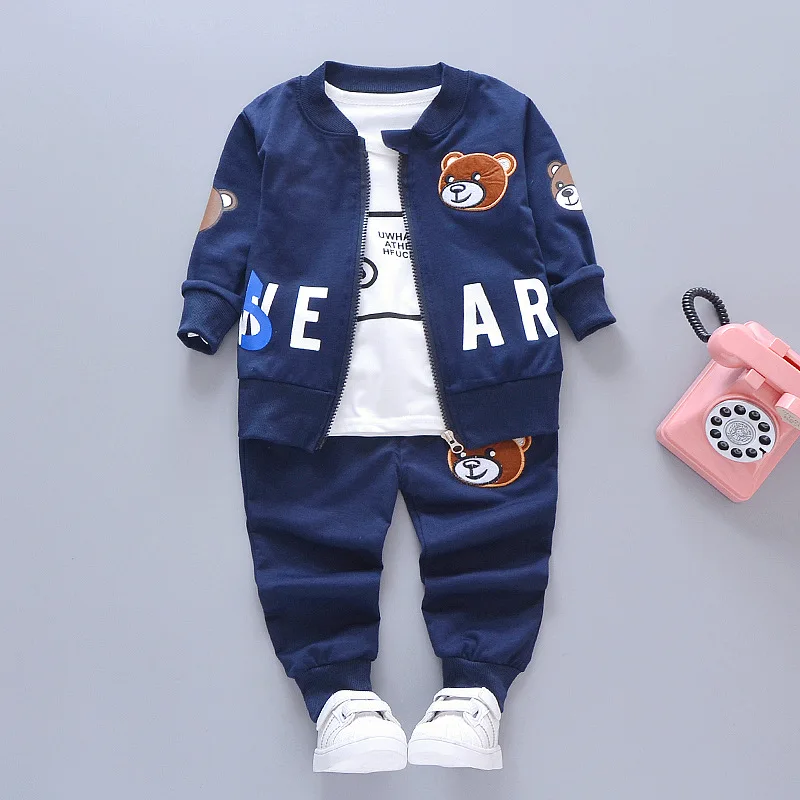 3pcs blue Комплект из 3 предметов, детская одежда с изображением медведя комплекты одежды для маленьких мальчиков г. Осенне-зимние спортивные костюмы с длинными рукавами, одежда с воротником-стойкой для От 1 до 4 лет - Цвет: 3pcs blue