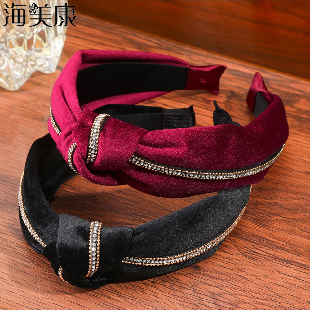 

Новинка, модная повязка на голову Haimeikang стразы, Женская однотонная широкая боковая повязка на голову для девочек, осенне-зимние аксессуары для волос, головной убор