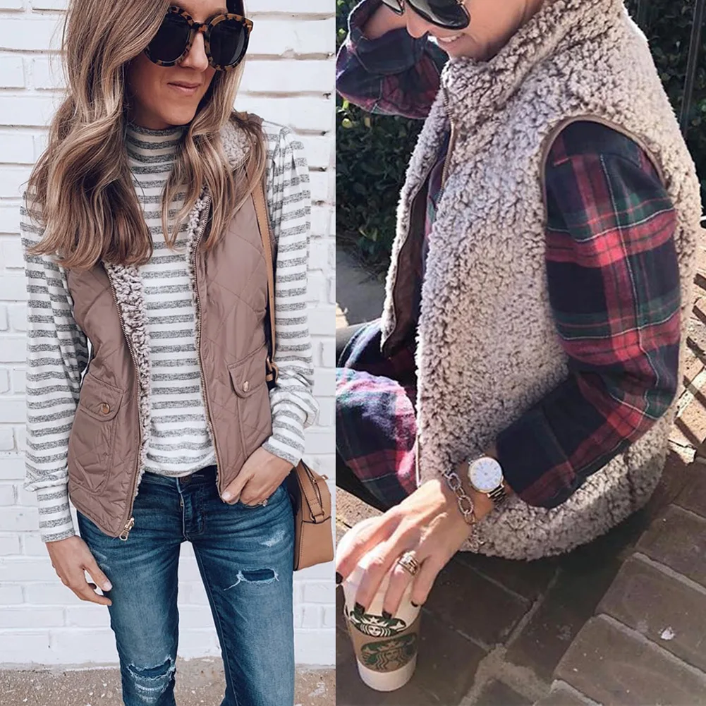 

Zipper Pockets Two Ways to Wear Women Autumn Winter Casual Plush Vest Cardigan Leopard Print Female Tops Sleeveless Jacket Coat