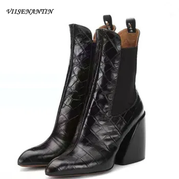 

New Thick-heeled High-heeled Cowhide Ankle Boots European American Elastic Knitting Women Boots Plus Size Ladies Fashion Shoes