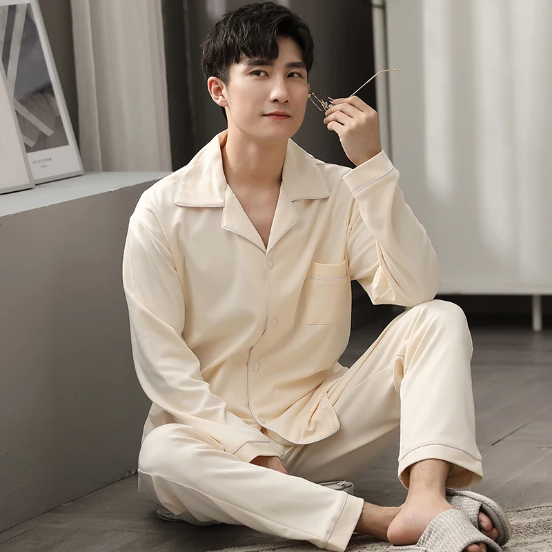 Winter Pure Cotton Pajamas for Men Solid Pyjamas 2 Pcs Suit Man's Home Bedroom Clothes Sleepwear 100% Real Cotton High Quality