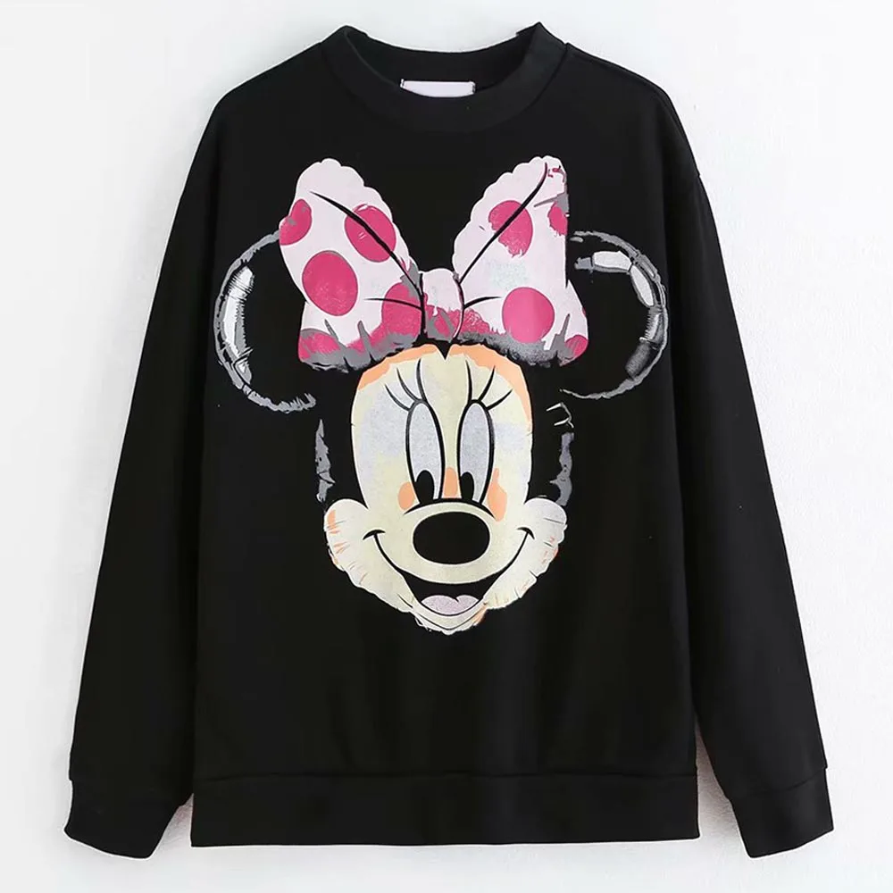Disney Стильная Милая Минни Маус воздушный шар мультфильм печати черная футболка О-образным вырезом пуловер Модные женские с длинным рукавом Свободные футболки топы - Цвет: As shown
