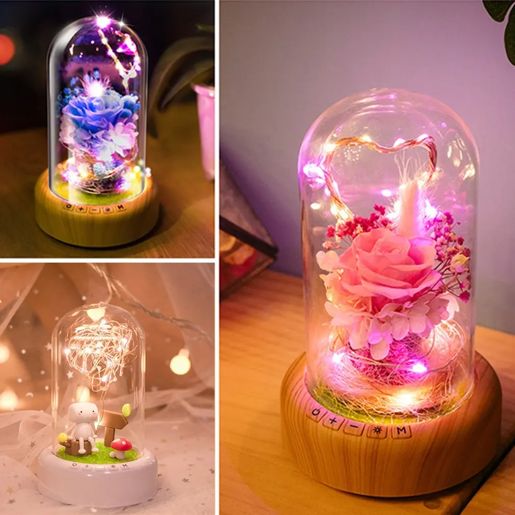 

Rose Streamer Bottle LED Night Light Rechargeable Wireless Bluetooth Speaker with Flower in Glass Decoration Table Lamp