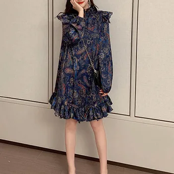 

Women Dress 2019 Autumn / Winter New V-neck Paisley Printed Ruffled Long Sleeve Casual Women's Dress Fashion Mini Dresses