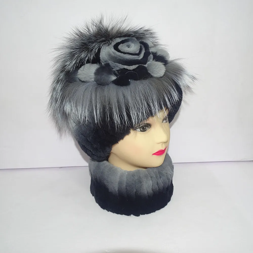 

Real Rex Rabbit fur hat Woman Flower Natural fur lady hat Two piece suit fur hat female