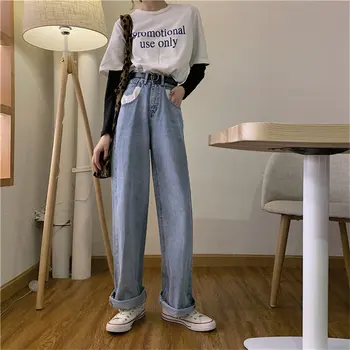 

HziriP Chic Fashion Blue High Waist Autumn Jeans Denim Wide Leg Pants Straight Fresh Loose All Match Women Female Plus Trousers