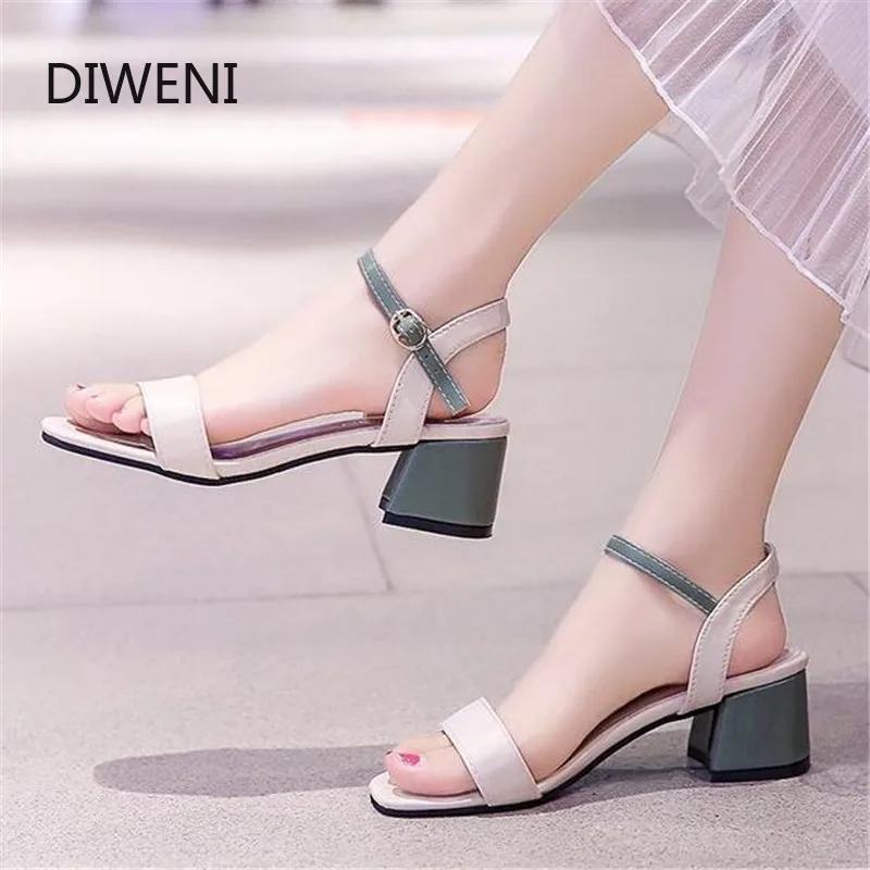 

Summer Heels Sandals Shoes Women Pumps Ankle Mid Heel Block Party Open Toe Square High Heels Shoes Zapatos De Mujer
