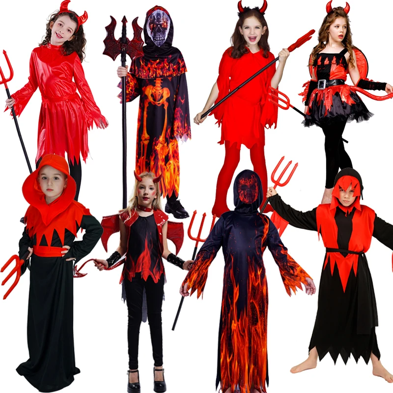 ハロウィン衣装コスプレ少年のガールの悪魔衣装パフォーマンス赤怖い悪魔ドレス子供火災服 Aliexpress