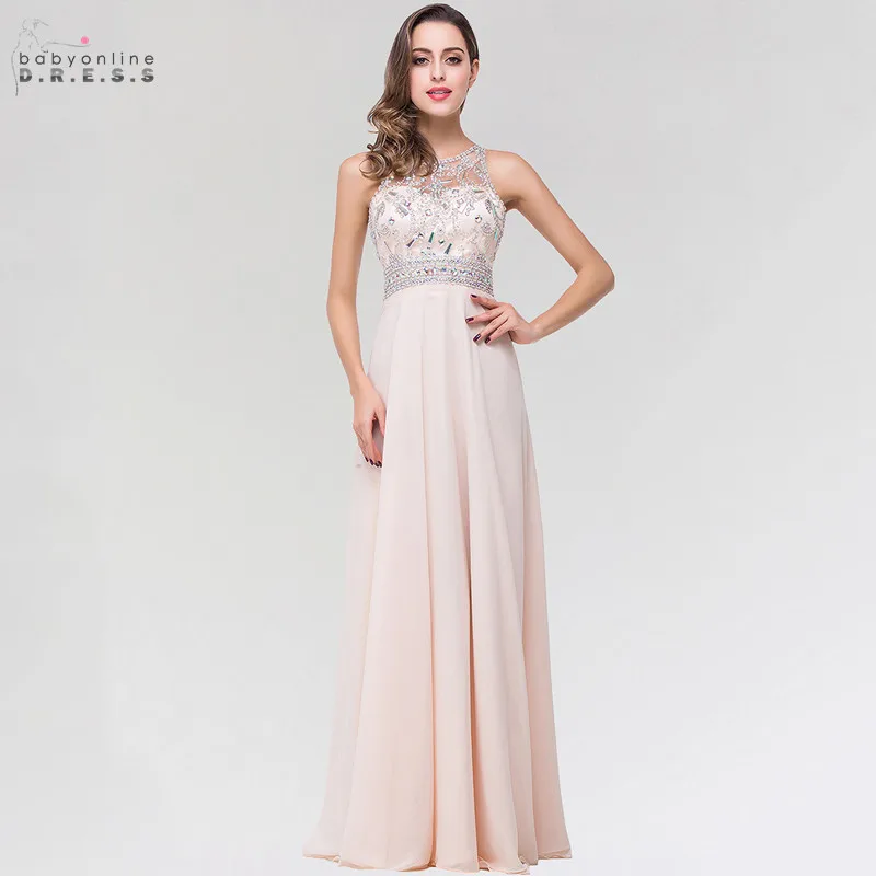 

Vestido de Festa Illusion Long Evening Dress With Crystal Charming Beading Back Evening Party Gowns Robe De Soiree Longue