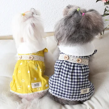

Retro Style Girl's Dog Clothes Yellow Blue Colors Plaid Design Autumn Dresses Pet Maid Skirt Clothes for chihuahua Teddy