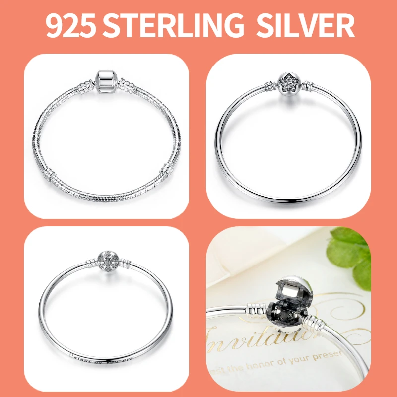 BISAER 925 Sterling Silver Snake Bracelet Blue Devil's Eye Charm Snowflake Heart Chain Clasp Bangles For Women Jewelry 17-21CM