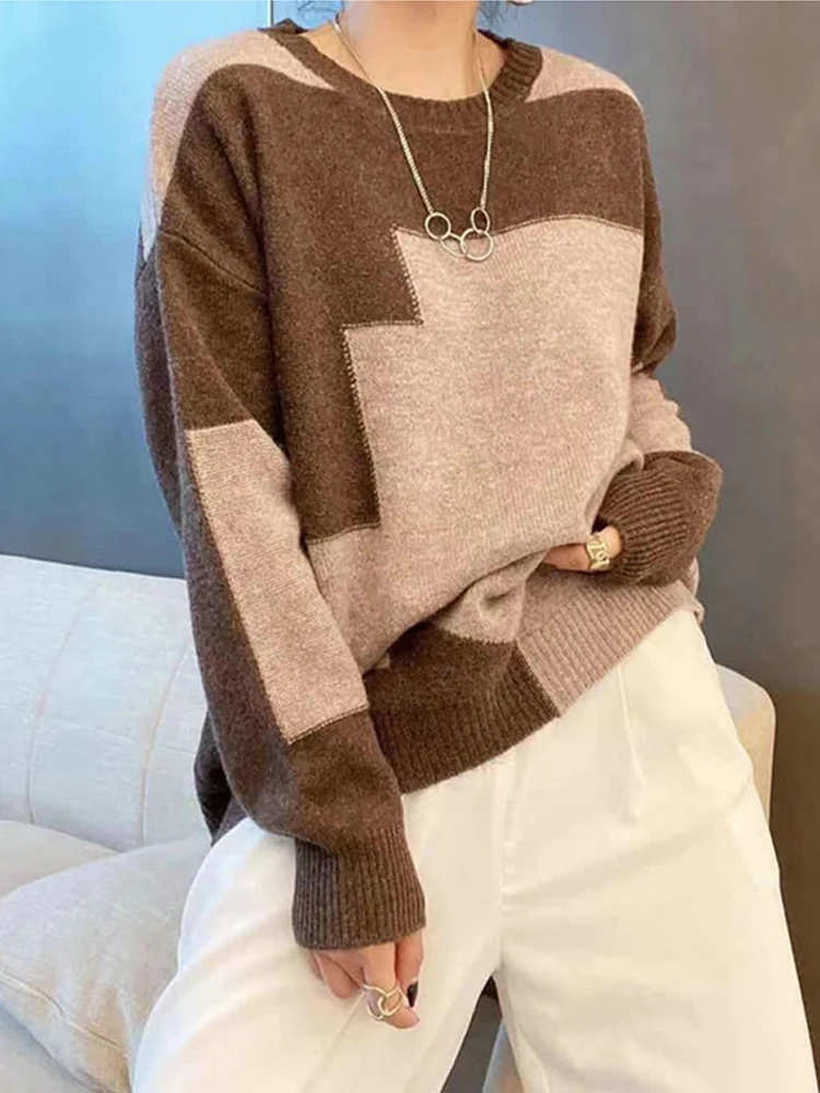 TIGENA Loose Contrast Knitted Pullover Sweater for Women 2021 Fall Winter O-neck Long Sleeve Female Green Jumper Tops | Женская одежда