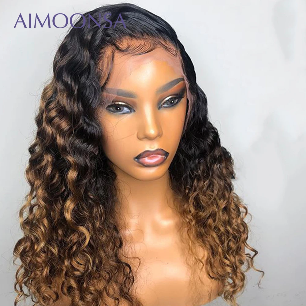 

Honey Blonde Lace Front Wigs 360 Lace Wig 1B/30 Hair Color Ombre Wig Human Hair Bleached Knots Ponytail Peruvian Curly Aimoonsa