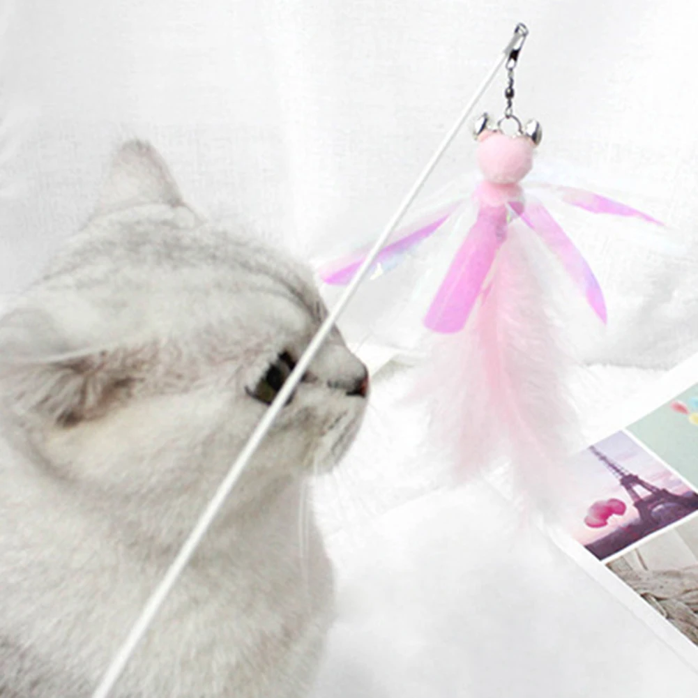 Pet Cats Kitten Bell Feather Dragonfly Shape Sticks Interactive Teaser Wand Replacement Head Toy Pets Supplies