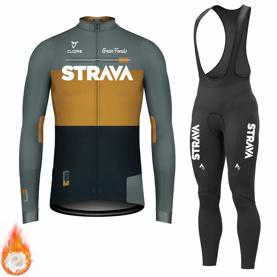 Зимний теплый флисовый трикотажный комплект для велоспорта STRAVA Мужская Уличная