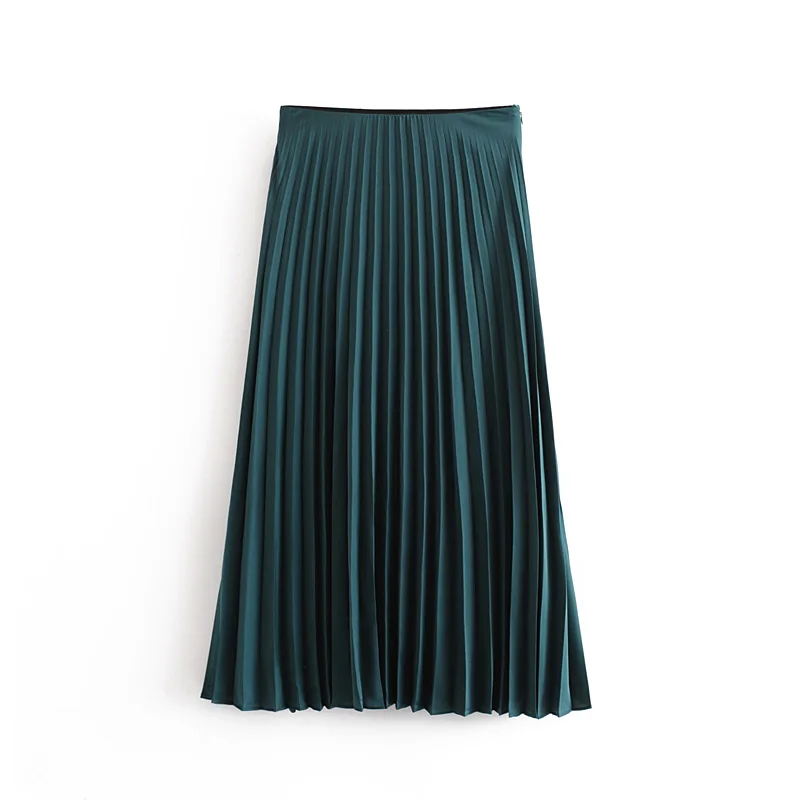 VomVoa European and American trendy wild solid color draped three-color skirt women casual satin pleated skirt women - Цвет: Армейский зеленый