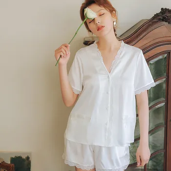 

Simple Comfortable Home Suit Summer Silk V-neck Two-piece Pajamas Loose Lace White Pink High-quality Skin-friendly Cool Pj Set