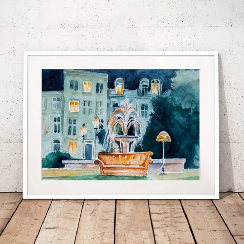 Wall Art с героями телесериала «друзья» Fontain акварель плакатный принт, 90s входной двери у Моники из Central perk диване холст картины плакат с актерами сериала Декор