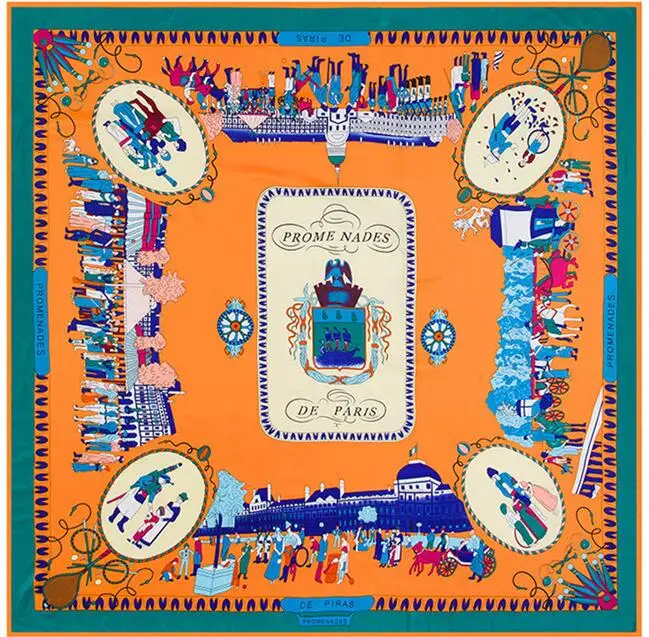 New Arrival Brand Shawl 100% Twill Silk Scarf Working in Paris 130cm Square Scarves Print Kerchief Bandana Woman Headband Hijab 5