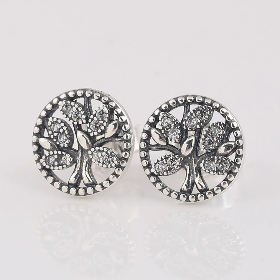 Authentic 925 Sterling Silver Tree Of Love With Crystal Stud Earrings For Women Wedding Gift fit Lady Fine Jewelry