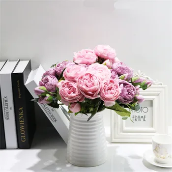

30cm Rose Pink Silk Peony Artificial Flowers Bouquet 5 Big Head and 4 Bud Cheap Fake Flowers for Home Wedding Decoration indoor