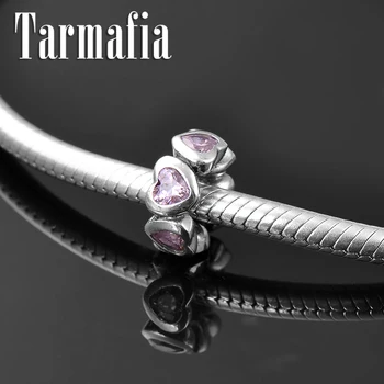 

100% 925 Sterling Silver Round Pink Zircon Heart Shape fine spacer bead Fit Original Women Charm Bracelet Women Jewelry making