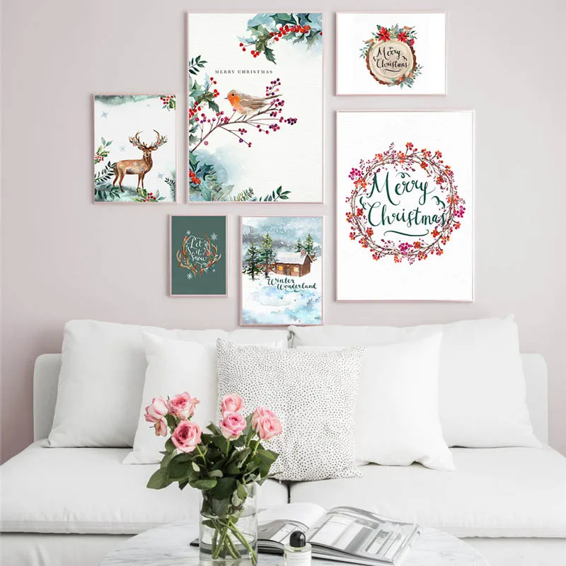 Christmas-Snow-Landscape-Animal-Silhouettes-Elk-Bird-Fox-And-Flower-Canvas-Painting-Wall-Pictures-Posters-Living