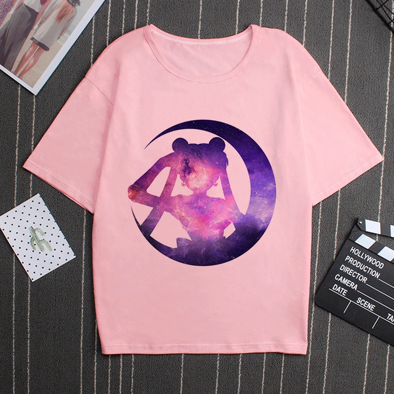 2858 Sailor Moon 90s Funny Pink T Shirt Harajuku Clothes Tshirt Aesthetic Cat Anime Vogue T-shirt Kawaii Graphic Tees Ullzang Women - Цвет: 2858