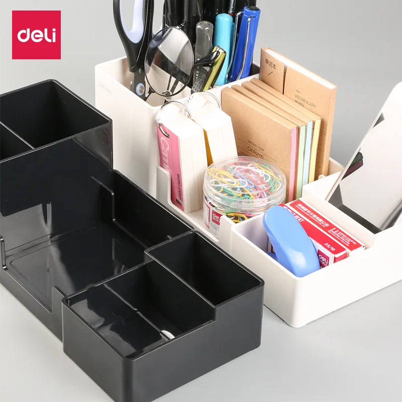 

Deli 9118 Multi-function Pen Container Desktop Storage Box Black And White Plastic Multi-Separated Storage Simplicity Office Des